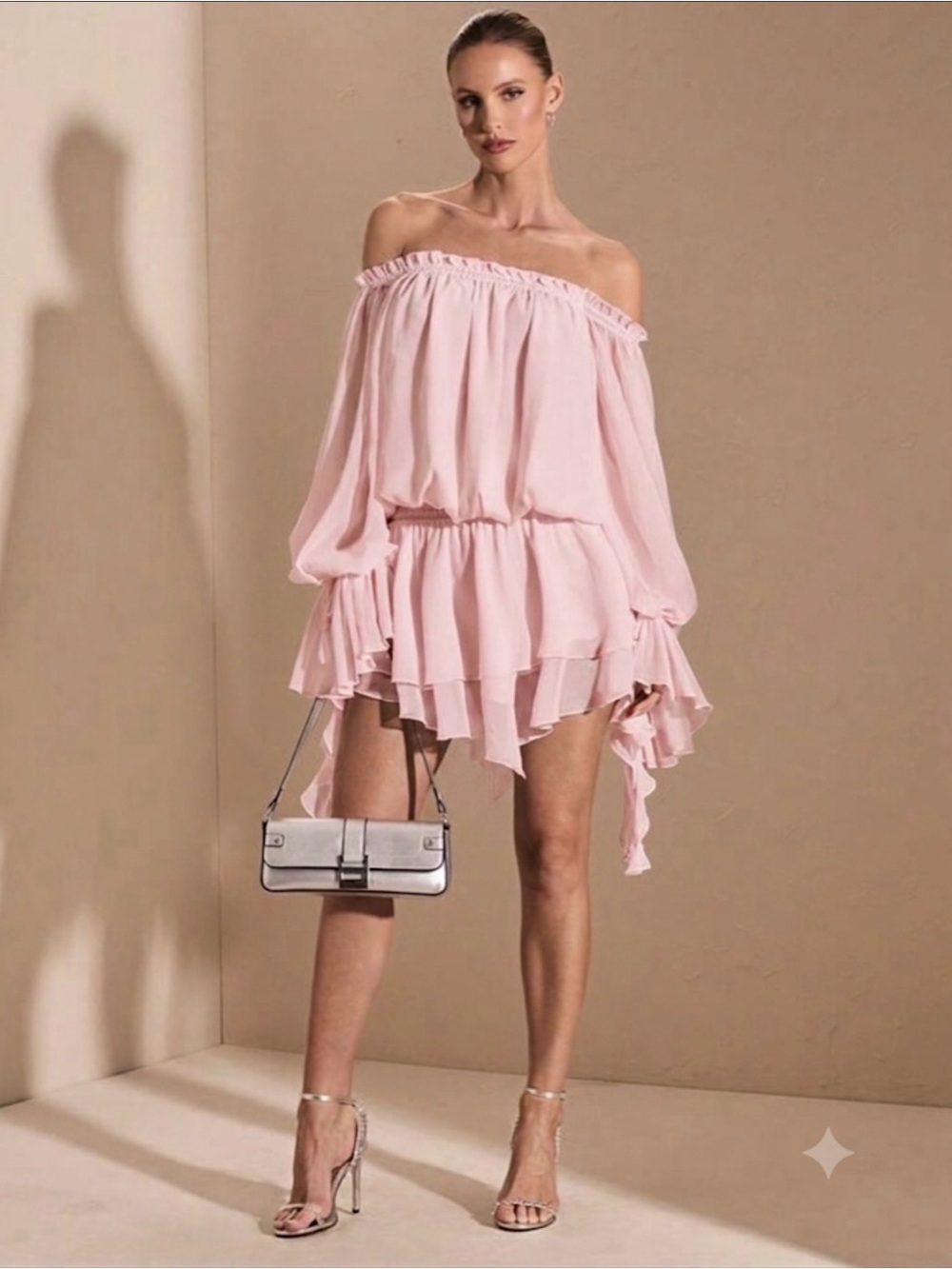 Women's Off-Shoulder Ruffle Mini Dress - Pink